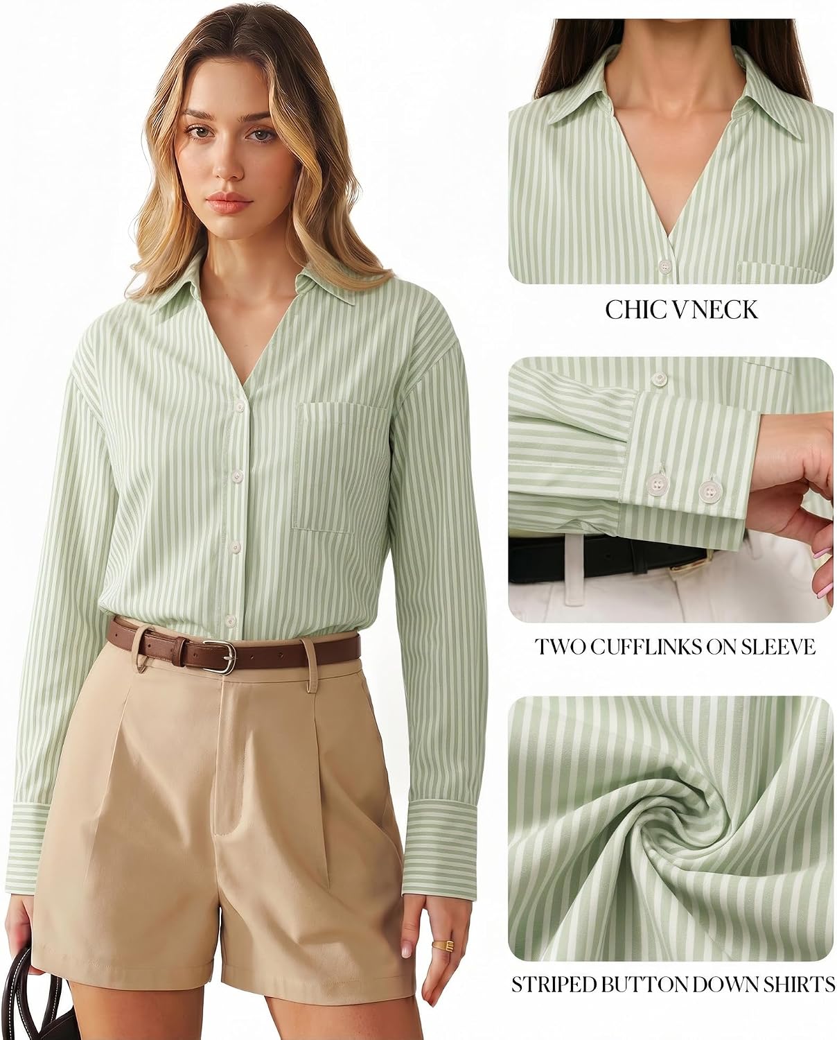 MANGOPOP Striped Button Down Shirts for Women Dress Shirts V Neck Long Sleeve Casual Blouses Office Work Shirt with Pocket