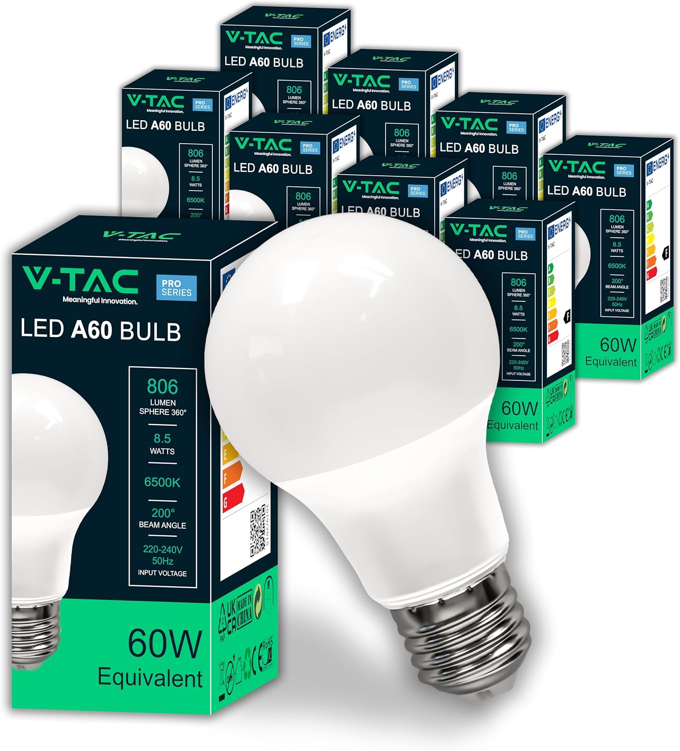 V-TAC 10x Bombillas LED E27 - [ Alta Eficiencia 8,5W ] - A60 - (Equivalentes a 60W) - Bombillas de Nueva Generación de Bajo Consumo - 806 Lúmenes - Luz Blanca Frío 6500K