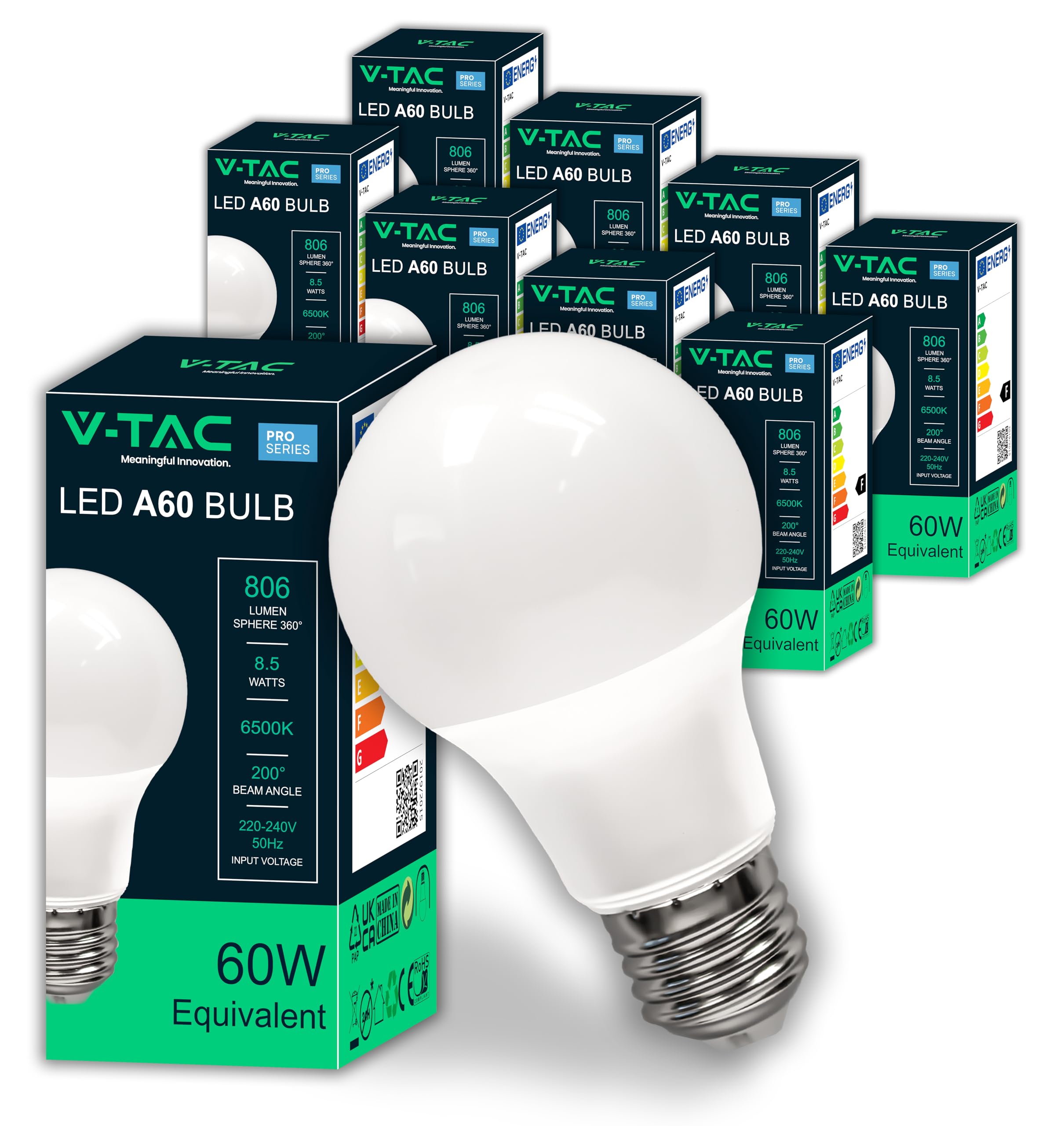 V-TAC 10x Bombillas LED E27 - [ Alta Eficiencia 8,5W ] - A60 - (Equivalentes a 60W) - Bombillas de Nueva Generación de Bajo Consumo - 806 Lúmenes - Luz Blanca Frío 6500K