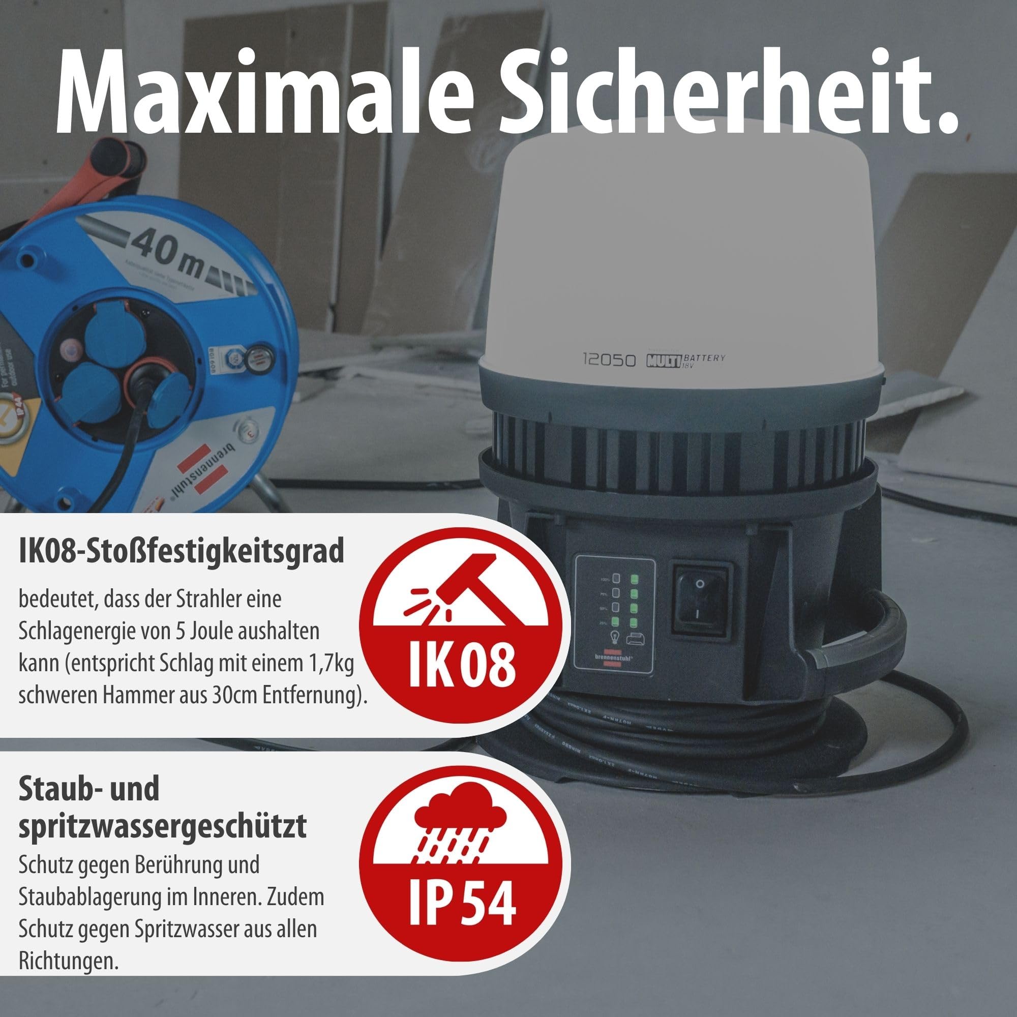 Brennenstuhl Professional Multi Battery Projecteur de chantier LED 12050 MH 360° hybride (100W, 12000lm, IP54, compatible avec batterie 18V (non fournie) de 9 fabricants, 5m H07RN-F)