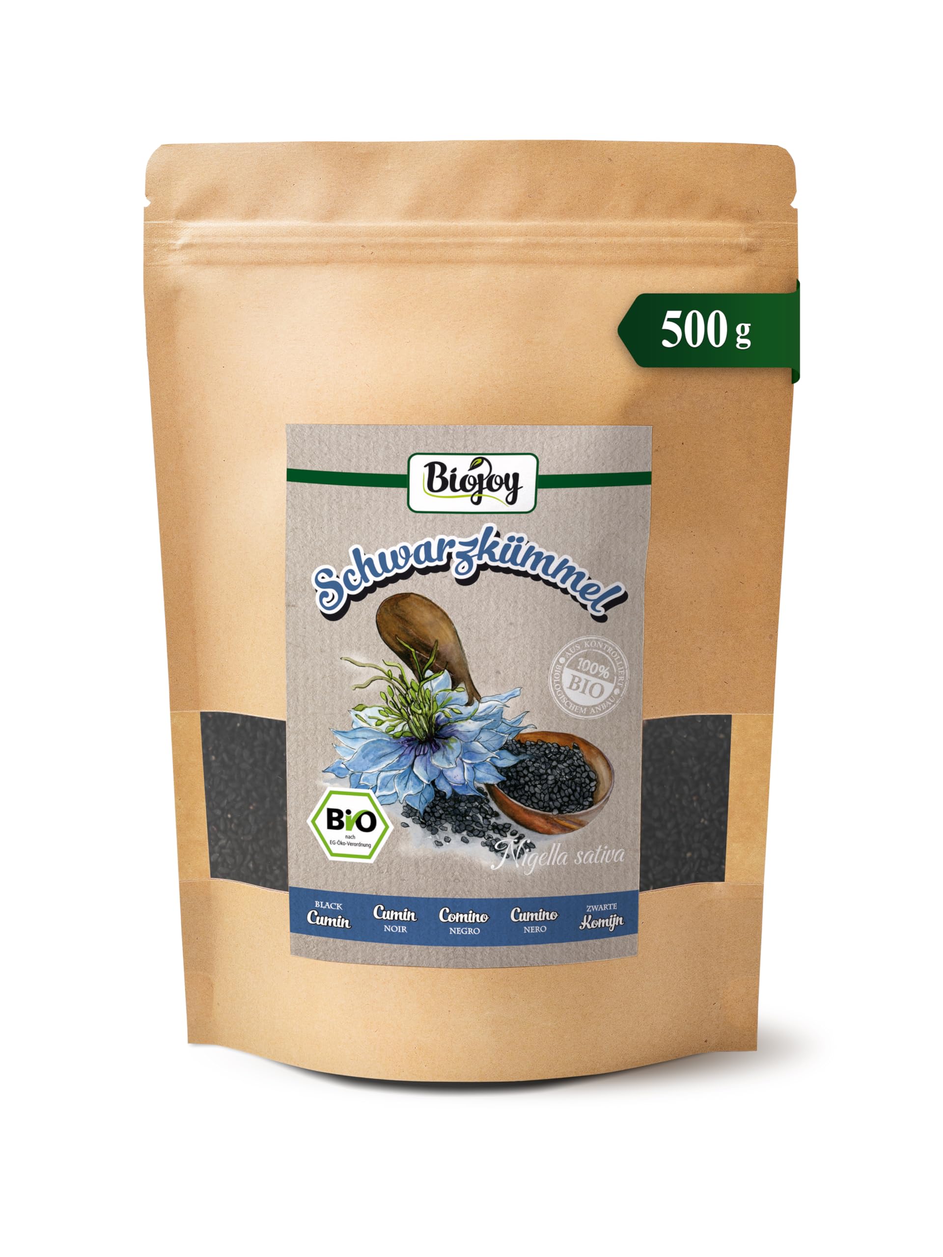 Biojoy Czarnuszka BIO (500 g), suszone i całe ziarna, nasiona czarnuszki, bez dodatków (Nigella sativa)