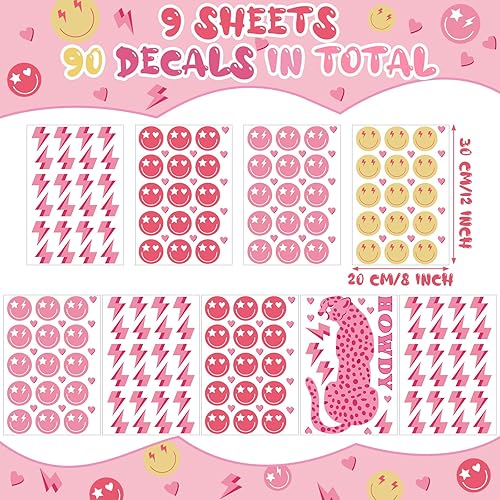 Miniatura 2 de 9 hojas de calcomanías de pared de color rosa preppy, estética, cara sonriente de howdy, rayo, calcomanías de pared de vinilo rosa de guepardo para