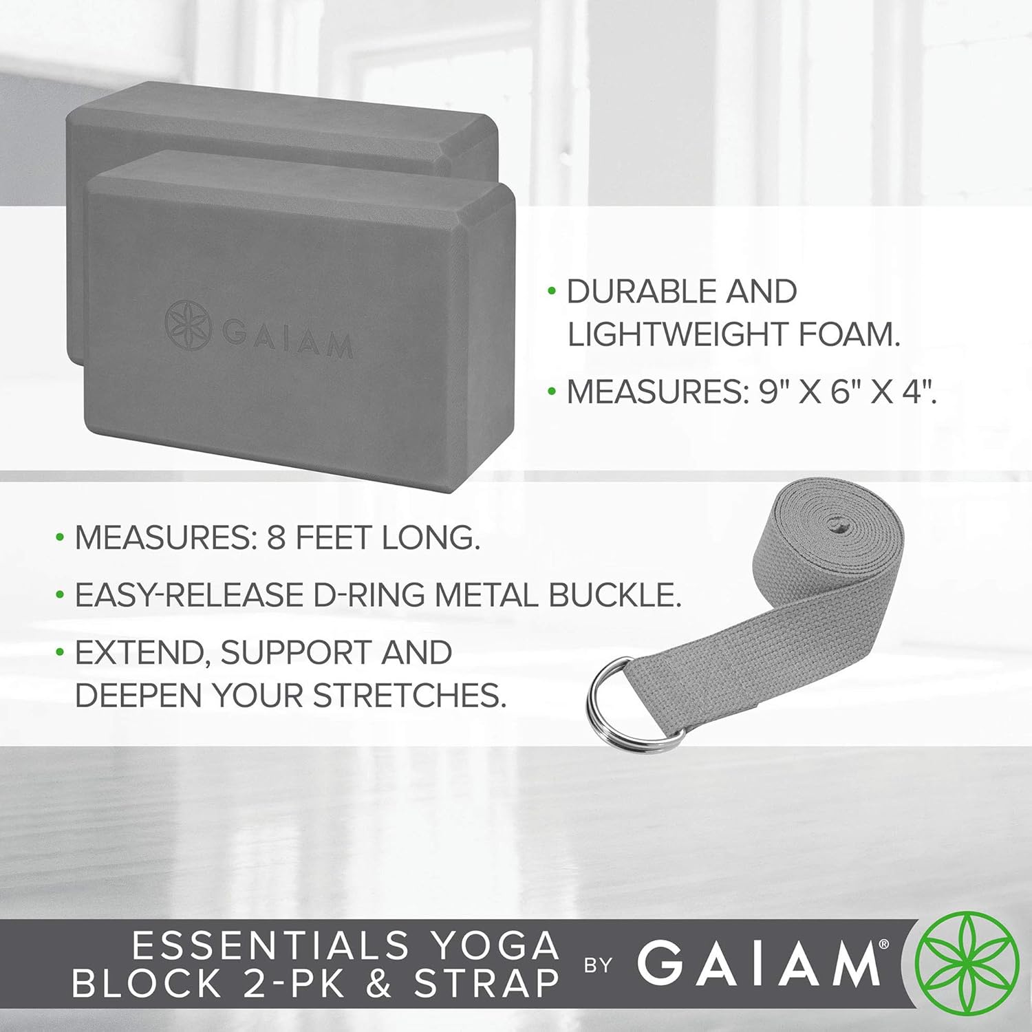 Gaiam Essentials Yoga Block 2 Pack & Yoga Strap Set, Grey : Sports & Outdoors