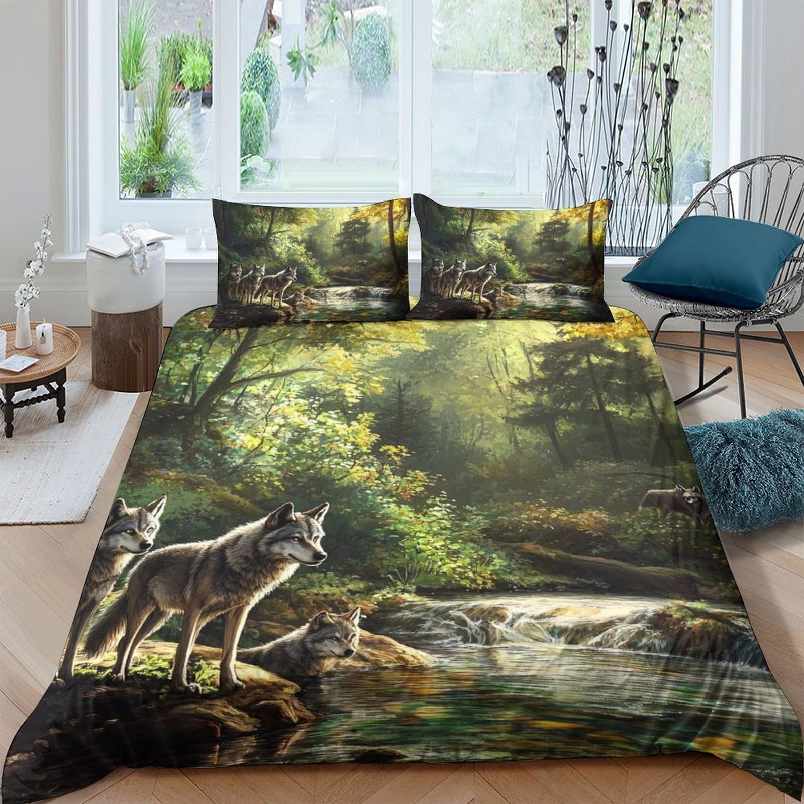 Ctjqhvkz Style-5 3D Printed Forest Wolf Fitted Sheet Microfiber Soft Breathable River Landscape Mattress Cover For Bedroom Dorm Decor Single（135X200cm）