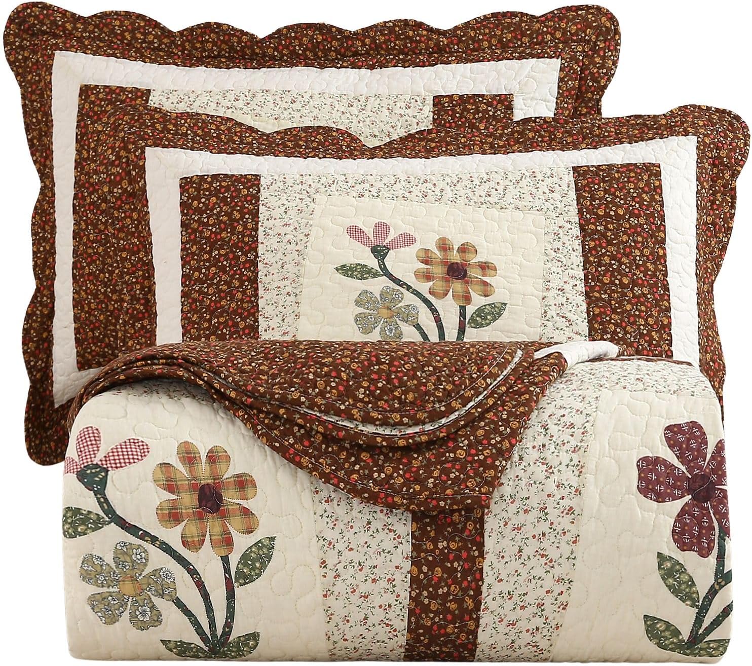 vctops 3 Piece Embroidered Floral Quilted Bedspread Quilt Set 100% Cotton Reversible Patchwork Coverlet Set 1 Quilt and 2 Pillow Shams (Coffee,Queen)