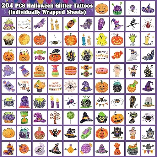 Miniatura 3 de Partywind 204 tatuajes de Halloween con purpurina para golosinas infantiles, suministros de decoración de fiesta de Halloween para niños y niñas,