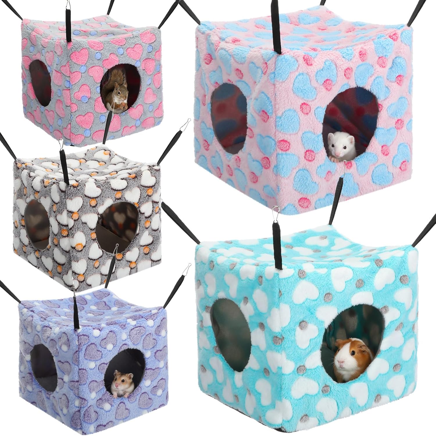 5 Pcs Guinea Pig Cube Hammock Cozy Ferret Hanging Cage Hamster Hanging Toy Chinchilla Bed Hideout Plush Small Animal Bed House Squirrel Sugar Glider Reptiles(Mixed Colors,Spotted Heart)