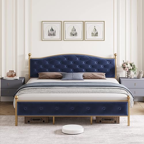 Miniatura 3 de Base de cama tapizada de tamaño matrimonial con botones y tela de terciopelo, base de colchón resistente con marco de metal y listones de madera,