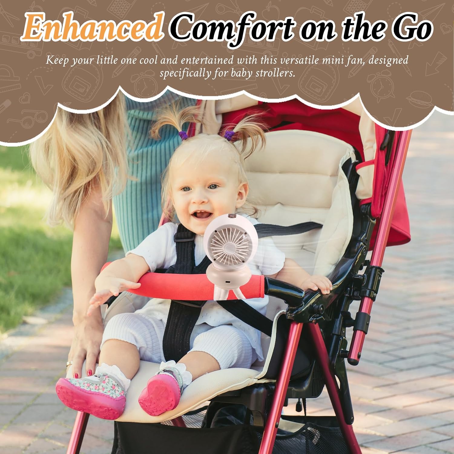 Baby Stroller Fan withClip USB Rechargeable,Light & Music Feature Ideal forKids' Scooters Use