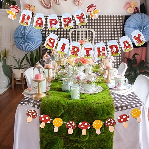 Miniatura 6 de SUNBEAUTY Cartel de feliz cumpleaños de hongos, decoraciones de fiesta de cumpleaños de hongos, decoración de fiesta de hongos, guirnalda de hongos,