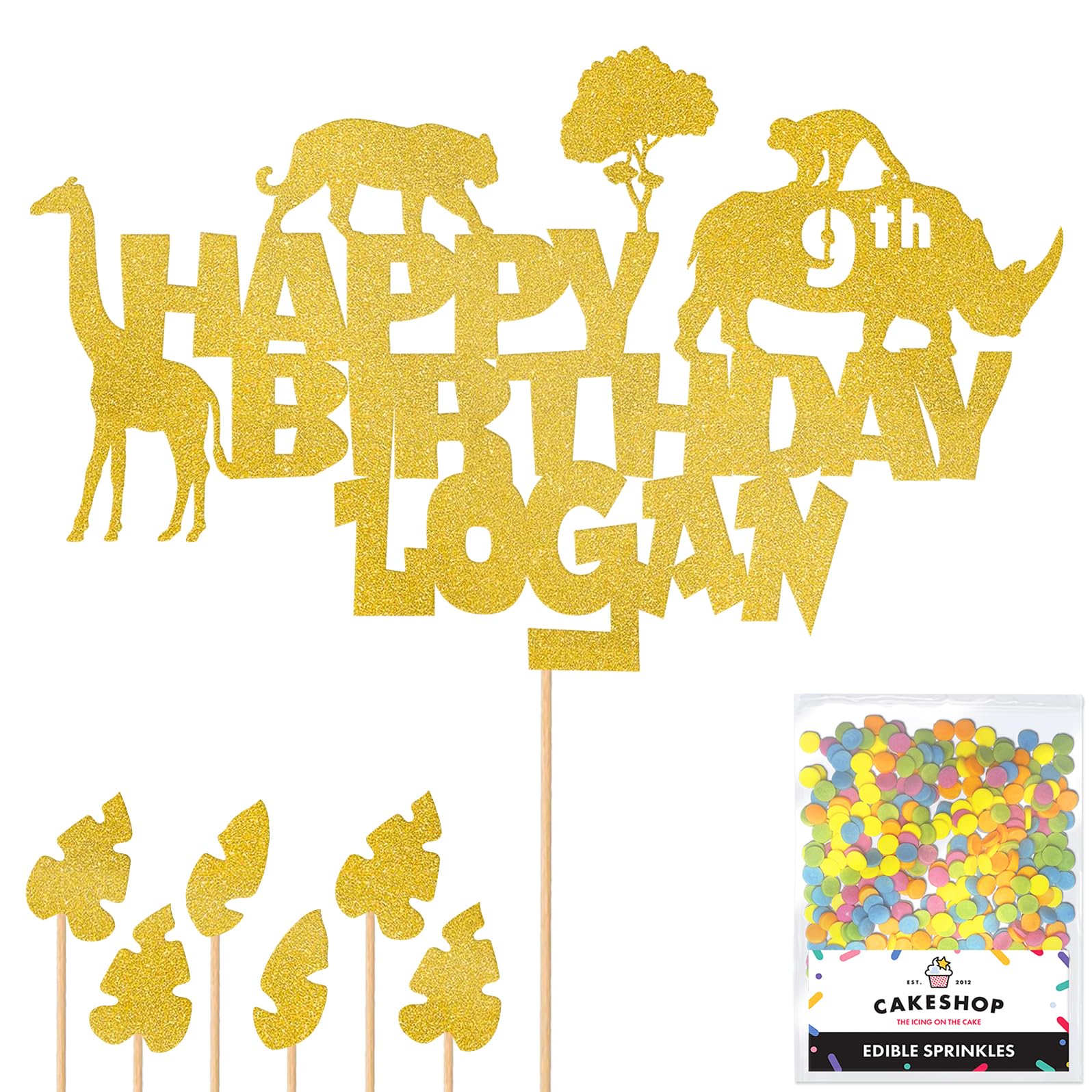 Personalised Jungle Animals Glitter Cake Topper- Gold Any Custom Age & Name Glitter Cake Decoration and Sprinkles - Happy Birthday Decorations - Personalised Toppers for Cakes by Cakeshop — image 1