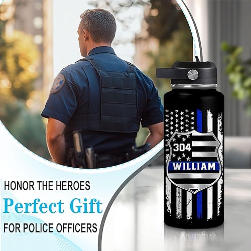 Vista 29 de Hyturtle Botella de agua personalizada de policía, botella de acero inoxidable aislada de 18 onzas, 32 onzas, bandera de línea azul fina, regalo