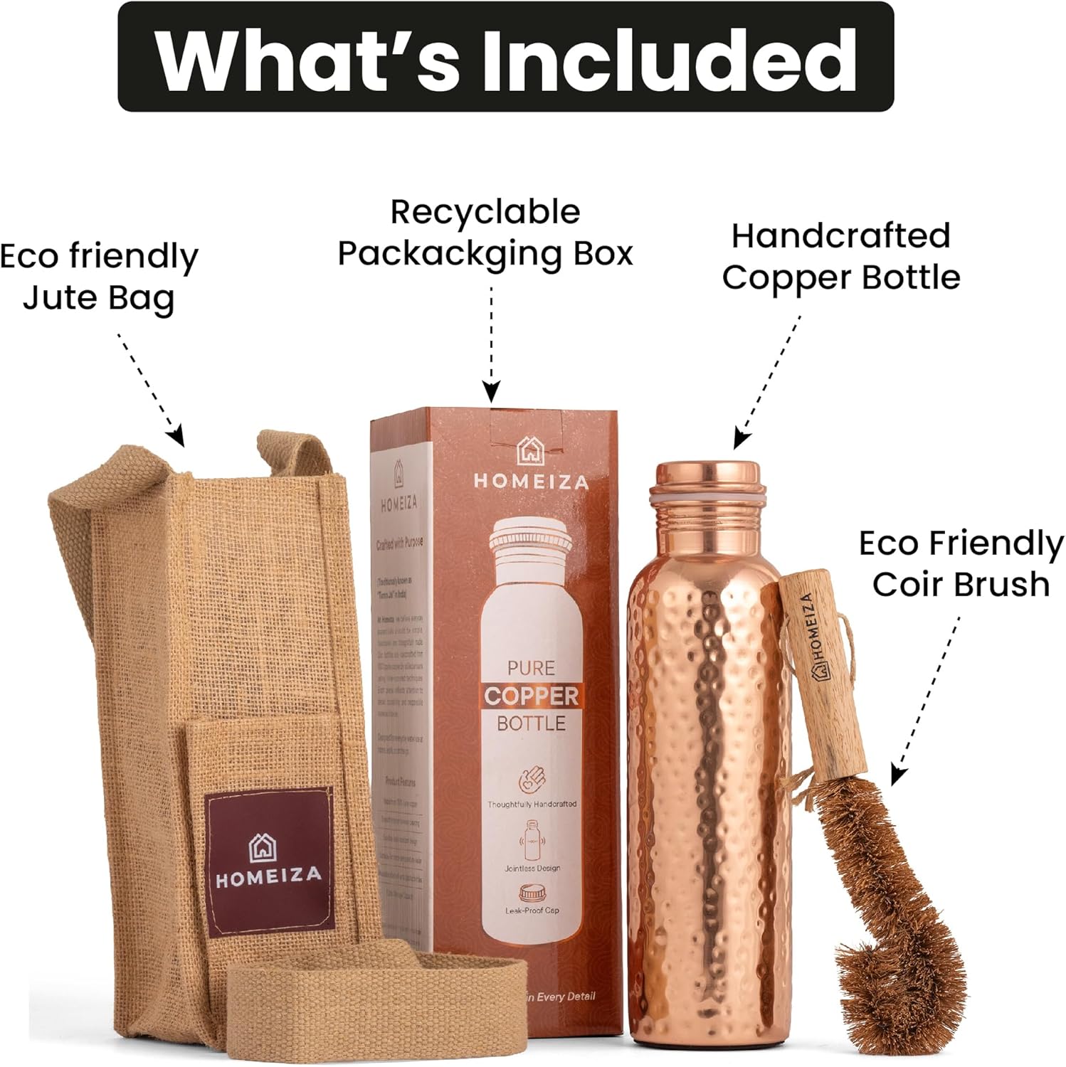 Pure Hammered Copper Water Bottle for Drinking - 34 Oz Capacity with Leak-Proof Cap. Cleaning Brush & Carry Bag Included, Reusable Copper Drinking Bottle for Natural Ayurvedic Benefits.