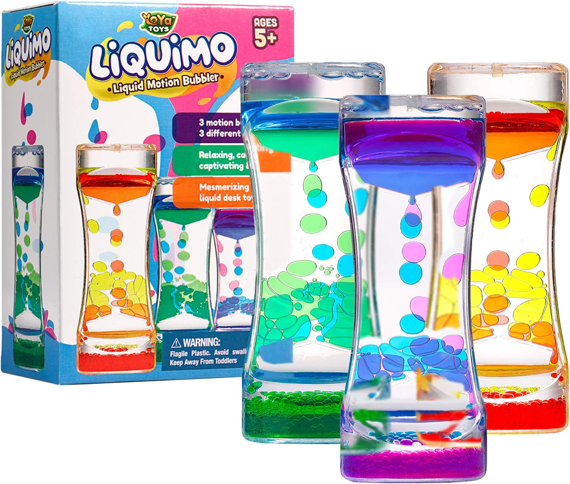 Liquimo - Liquid Motion Bubbler - 3 Pack - Sensory Fidget Desk Toy for Kids & Adults - Relaxing Hourglass Timer Tubes - Calming Visual Play for School, Home, Office, Stress Relief and Focus