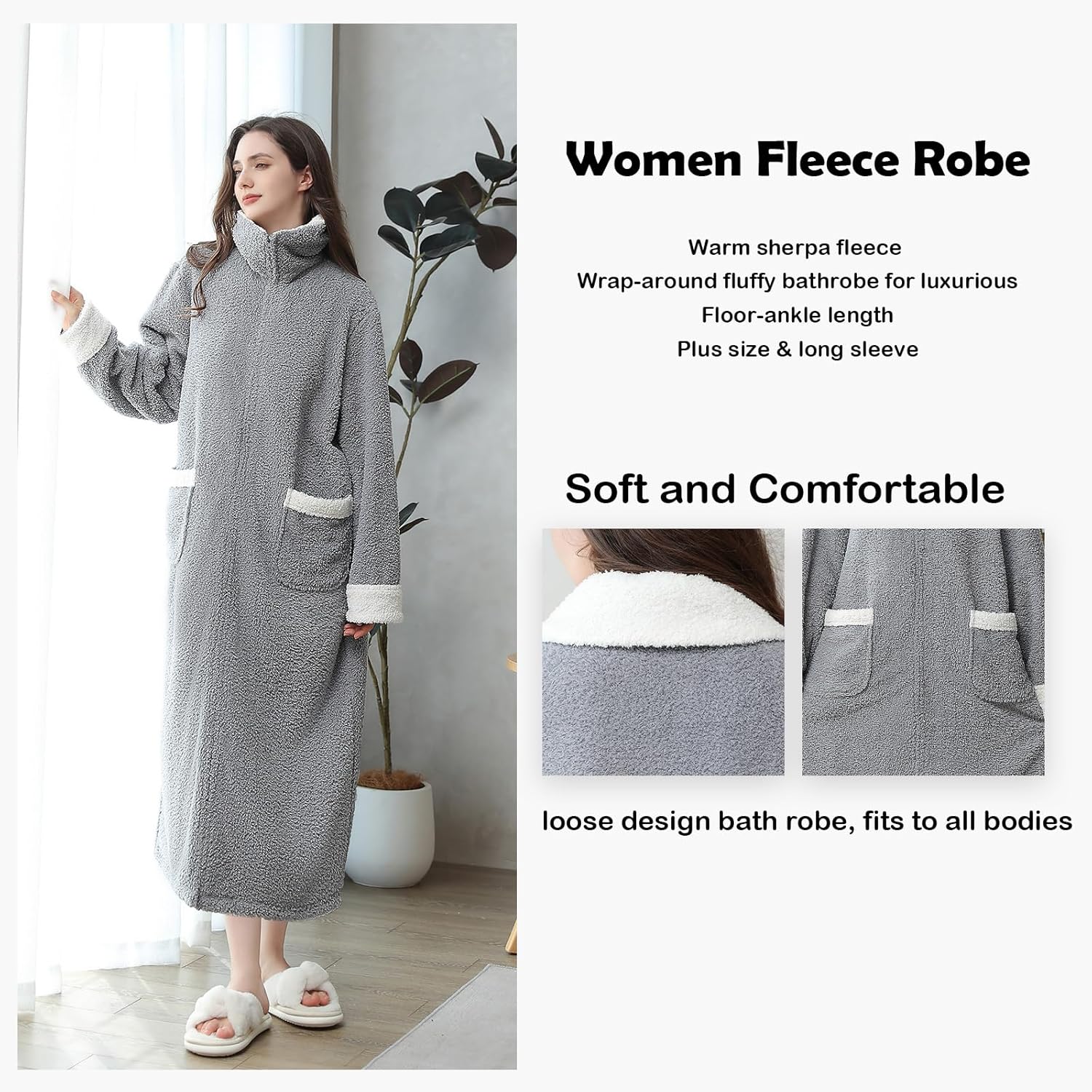 Oksun Womens Long Zipper Robe: Full Length Soft Fleece Warm Bathrobe - Cozy Fuzzy Winter Housecoat Plus Size - Image 5