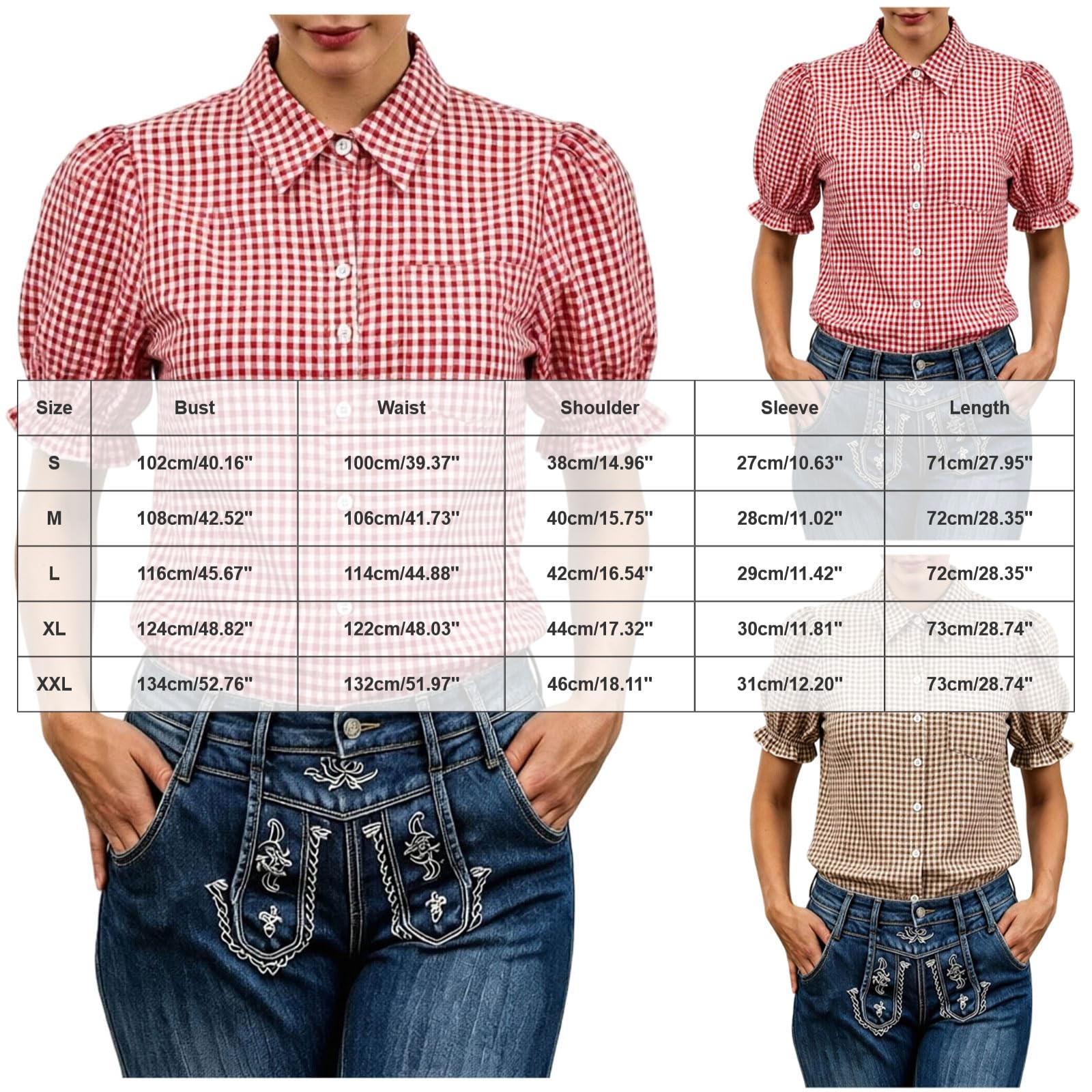 Trachtenbluse Damen Kurzarm Rot Weiß Karierte Bluse mit Knopfleiste Revers Puffärmel Kariertes Trachtenblusen für Oktoberfest Damen Outfit Moderen Bayerisches Trachten Oberteil Karohemd
