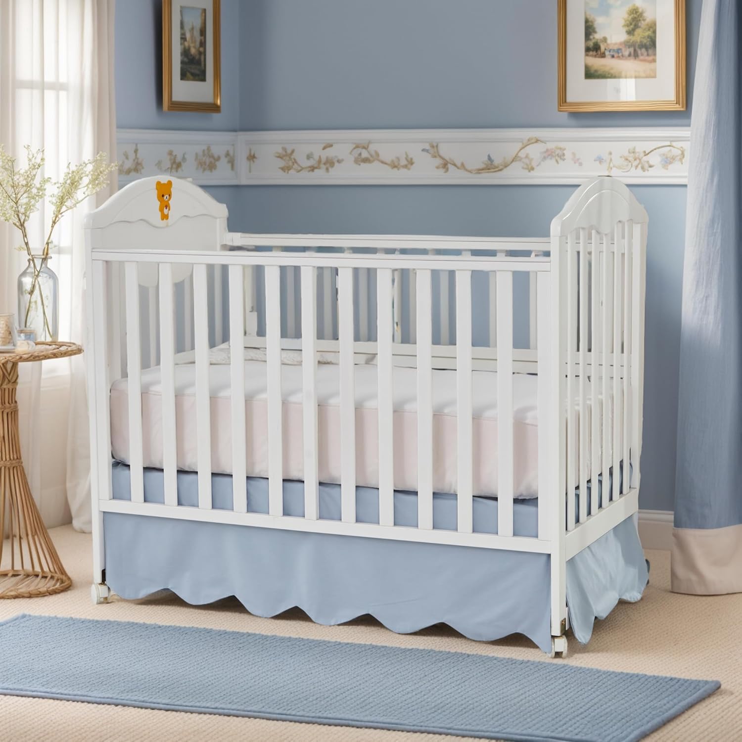 Brandream 2 Packs Crib Bed Skirt Cotton Scallop Edge Boho Bohemian Solid Mist Blue Attached Crib Skirt Sheet Girls Boys Ruffled Bed Skirt (One Side) 2-in-1 Design