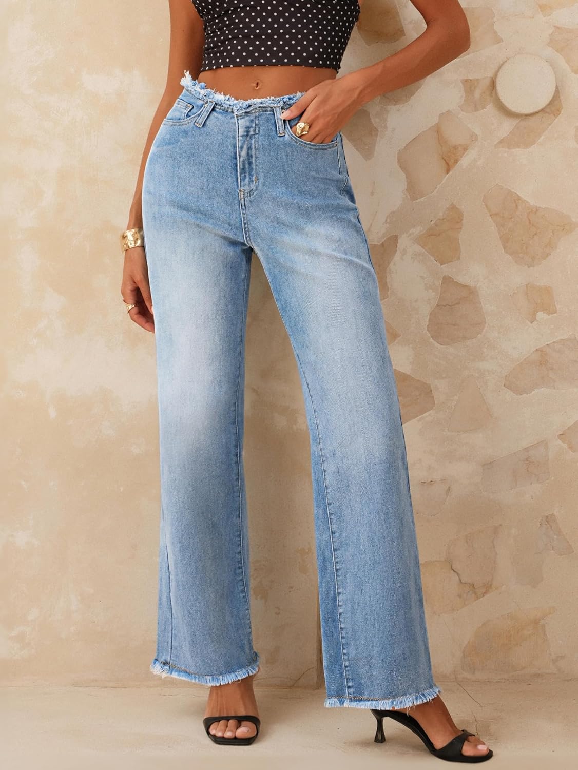 Emmiol Women Wide Leg Jeans Tummy Control Waisted Straight Stretchy Denim Pants with Pockets - Image 2