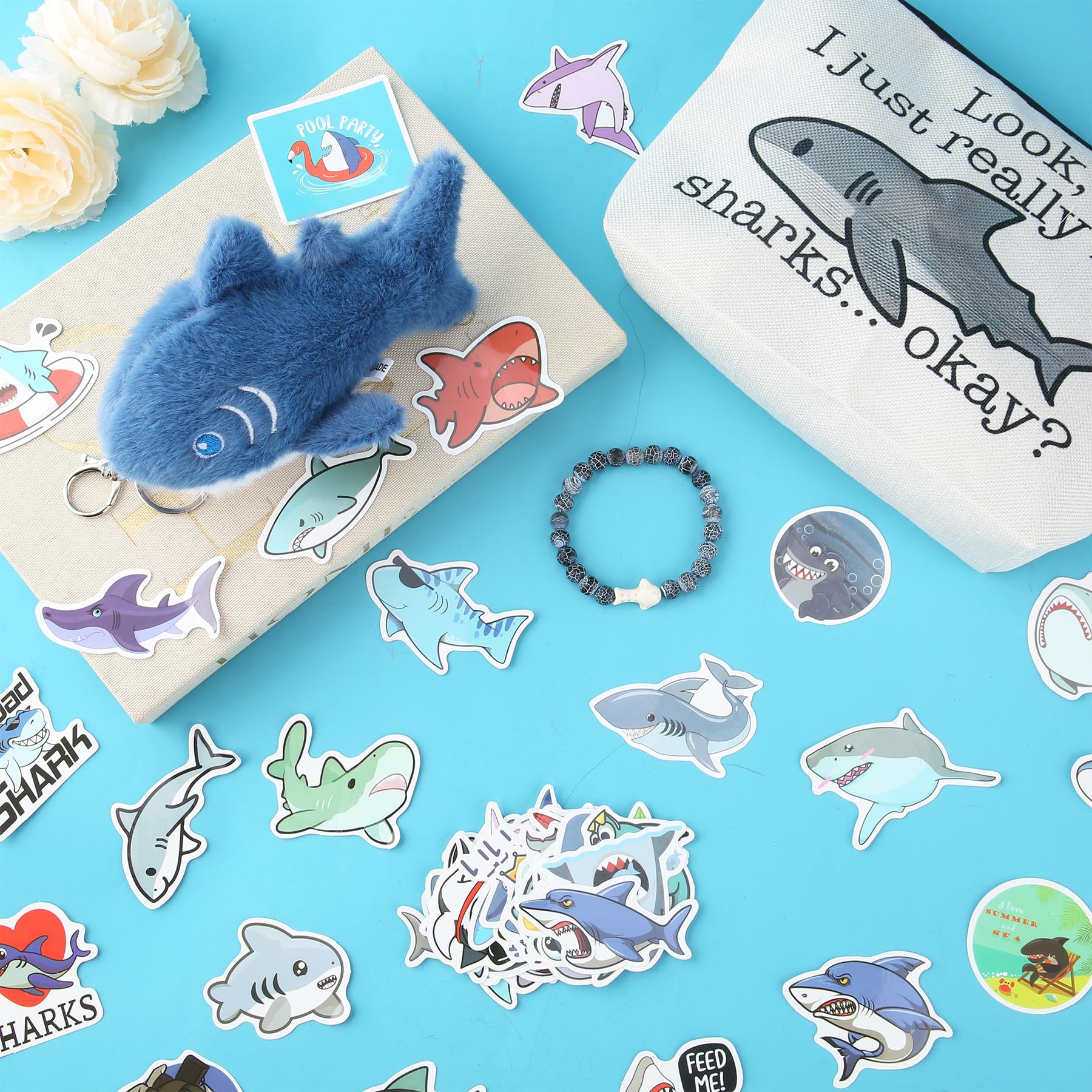 Wasise Shark Stuff - 4PCS Shark Stationery with Makeup Bag, Bracelet, Stickers and Plush Keychain, Funny Funny Ocean Themed Merch Gifts for Lovers Friend, Animal Lovers Gifts Set, Back to School Gift - Image 3