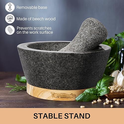 Miniatura 6 de Tortillada Juego de mortero y mortero de 6 pulgadas, grande, hecho de granito natural con base de madera antiarañazos, molinillo de hierbas de
