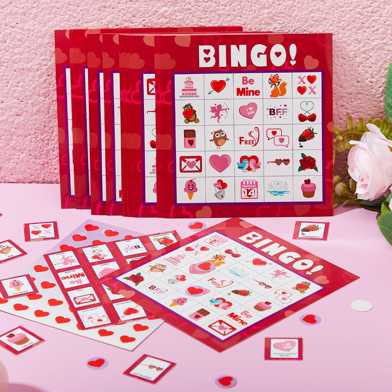 JOYIN Valentines Day Bingo Game Cards (5x5) – 28 Players for Kids Party Gift, School Classroom Love Supplies, Family Entertainment Activities
