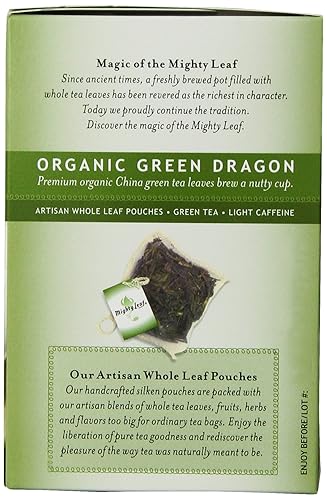 Miniatura 5 de Mighty leaf Té de hoja entera, dragón verde orgánico, 15 bolsas de té individuales estilo pirámide, té verde orgánico ligeramente cafeinado,