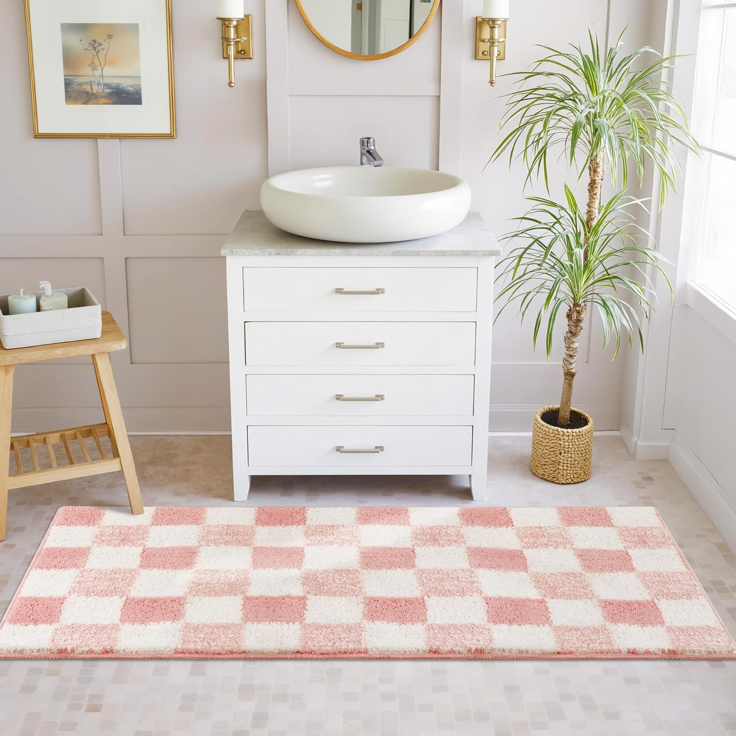 GRANNY SAYS Checkered Pink Bathroom Rugs Decor, 48" x 24", Fluffy Rug, Absorbent Microfiber Ultra Soft Bath Mat Washable, Non-Slip Bath Mats for Bathroom, Cute Floor Mat for Tub, Shower, Bedroom