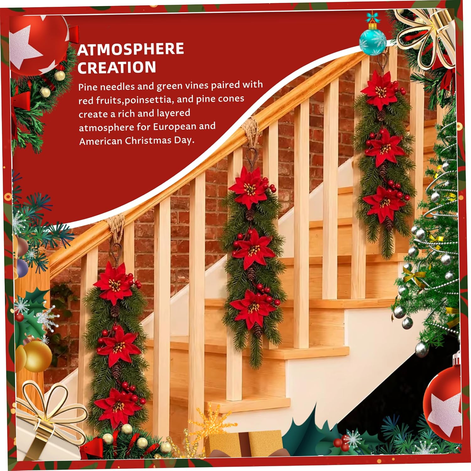 Christmas Door Wreath, 2-Pack Festive Red Flower Pine Swag