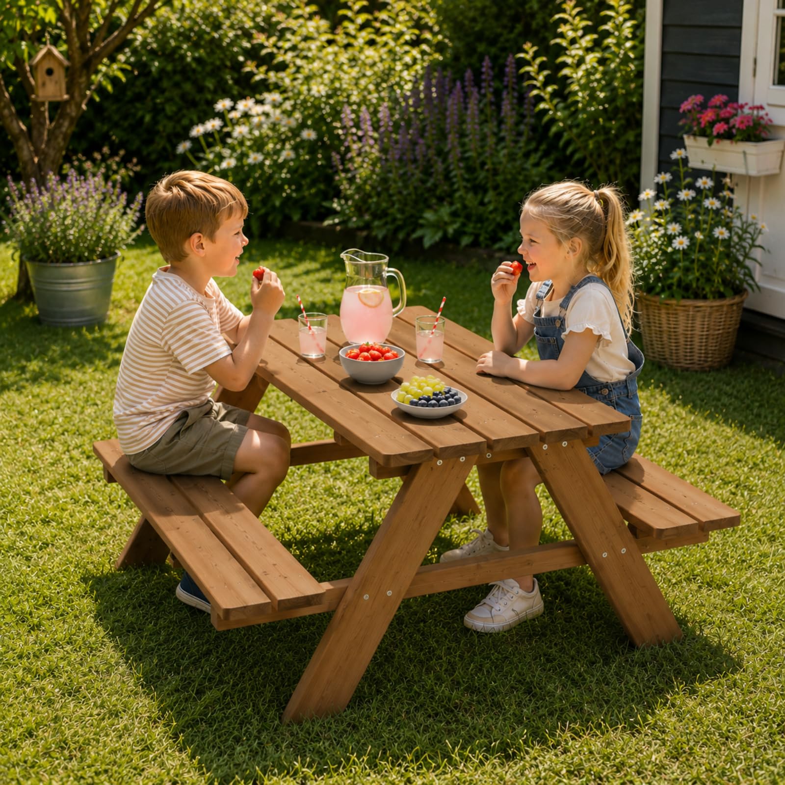 Kindersitzgarnitur | Braun | Kindersitzgruppe | Holz | Kinderbank | Picknickbank | Sitzgarnitur | Kindertisch | Robust | Stabil | Wetterfest | Glatte Oberfläche | Abgerundete Kanten