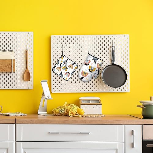 Miniatura 7 de Guantes de horno y soportes para ollas con diseño de gato negro y arcoíris, juego de 2 piezas de almohadillas resistentes al calor para hornear,