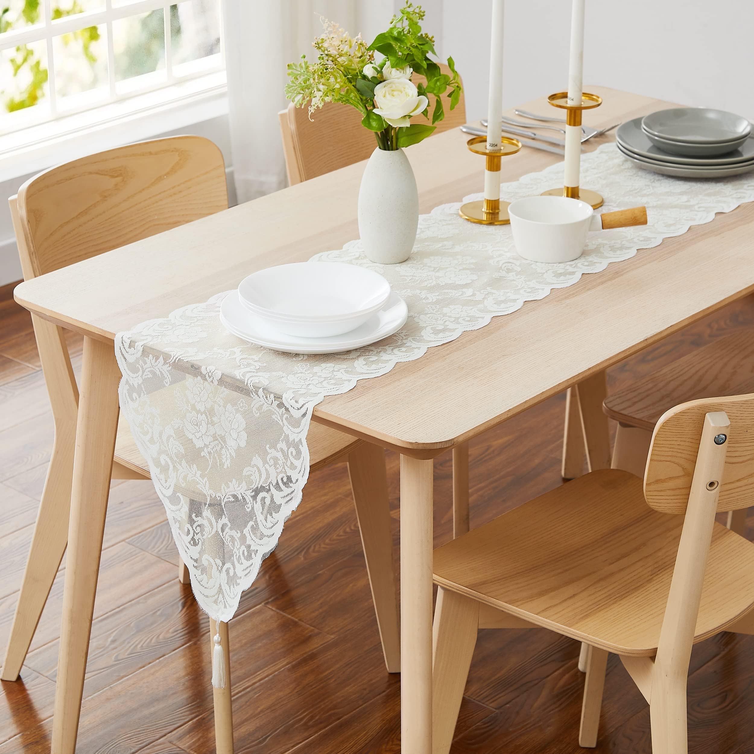 LinenZone Ivory Table Runner with 2 Tassels for Rustic Vintage Decor. Lace Table Runner Works Great As Wedding, Thanksgiving or Christmas Table Decor (Mia 14 x 72, Ivory)