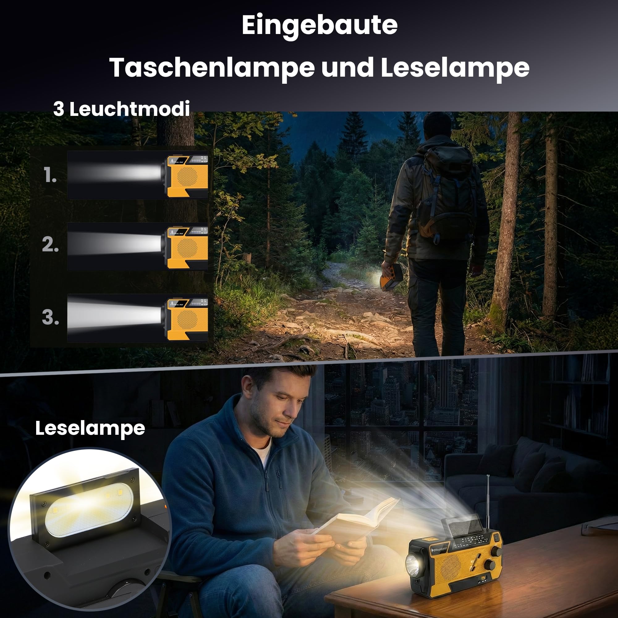 Extralink Kurbelradio Notfallradio mit Solar & Kurbel, Ladefunktion 4000 mAh mit integrierten Ladekabeln, FM/AM Radio, LED Taschenlampe & Leselicht, SOS Alarm - für Blackout, Camping & Outdoor