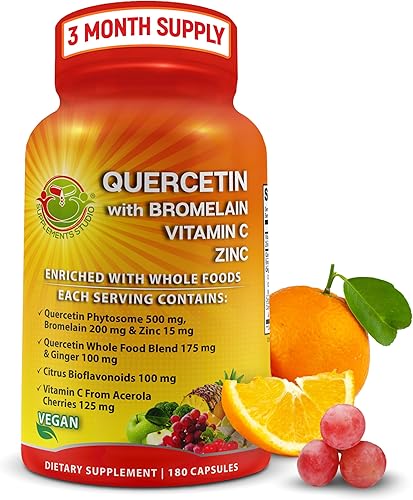 Miniatura 8 de Quercetina con bromelina vitamina C y zinc con mezcla orgánica de quercetina integral  1215 mg por porción  Phytosome Quercetin 500mg Cápsulas con