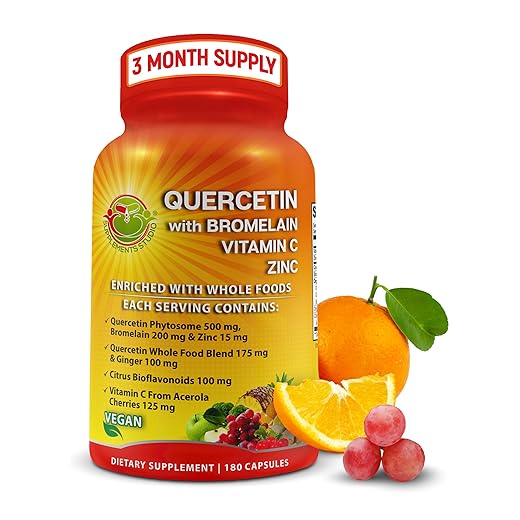 Quercetin with Bromelain Vitamin C and Zinc with Organic Whole Food Quercetin Blend - 1215mg per serving - Phytosome Quercetin 500mg, Ginger and Flavonoids for Immune & Respiratory Support - 180 count