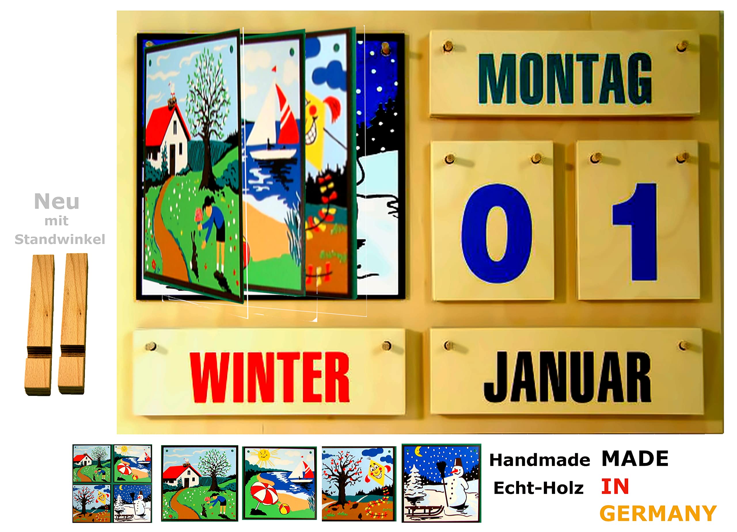 TISCH- und WANDKALENDER | Bunte Schrift | Mit Standwinkel | VIER JAHRESZEITEN | LERN- UND DAUERKALENDER aus HOLZ | Made in Germany | Für Schule, Kindergarten, Seniorenheim oder auch ZUHAUSE | Handmade