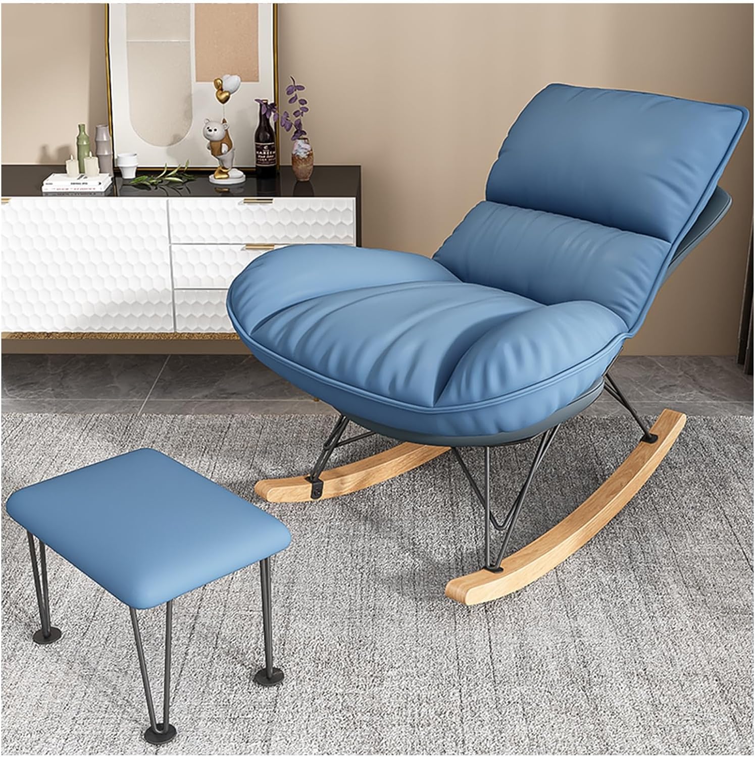 Rocking Chairs, Rocking Chair for Nursery, Rocking Chairs for Adults, Relaxing Chair, Bedroom Chair, with Soft Lumbar and Wood Legs Recliner Relaxing Chair, for Balcony L,Blue-B