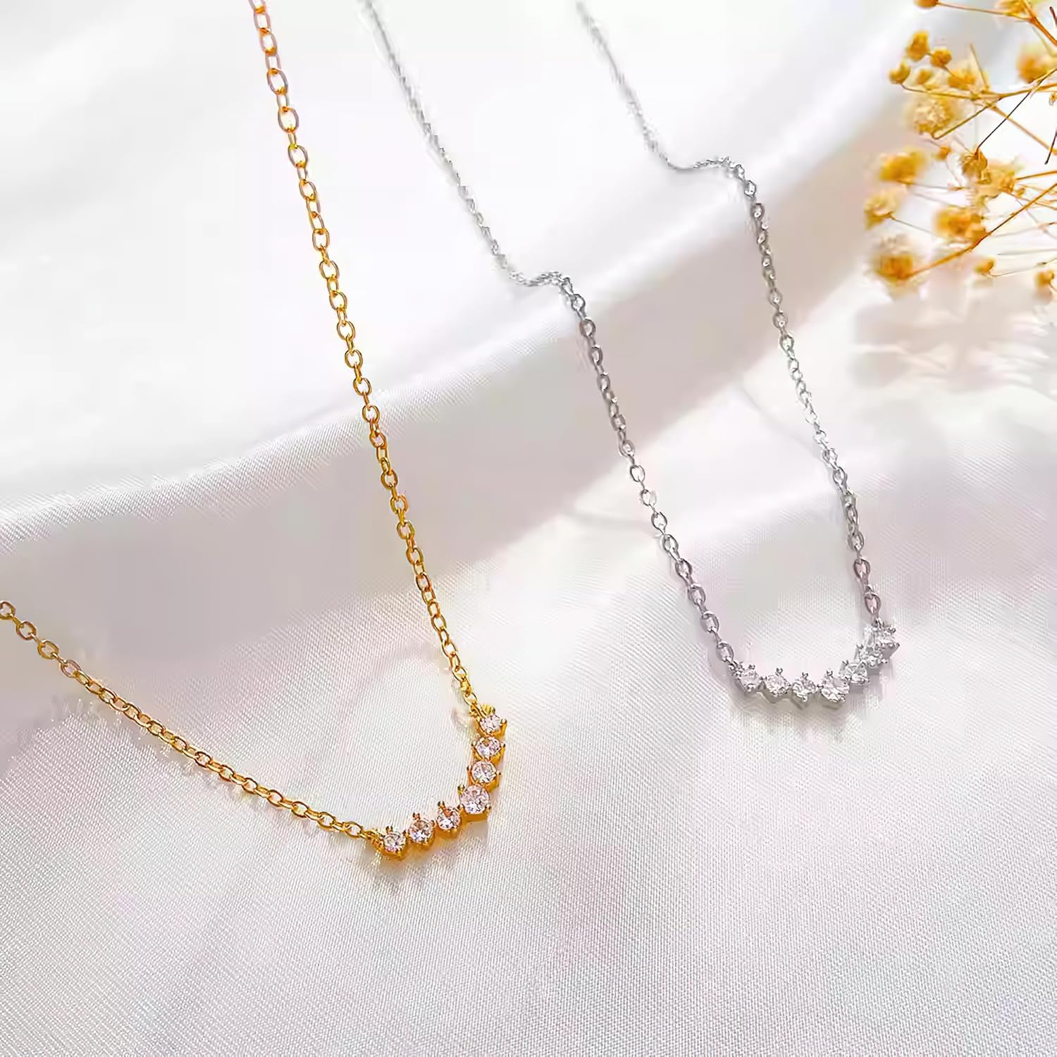 Curved Bar Pendant Necklace for Women 925 Sterling Silver Cubic Zirconia Pendant for Mother 14K Gold Plated V Shaped Charm Necklace for Mother Daughter Wedding Valentines Day Jewelry Gifts - Image 5