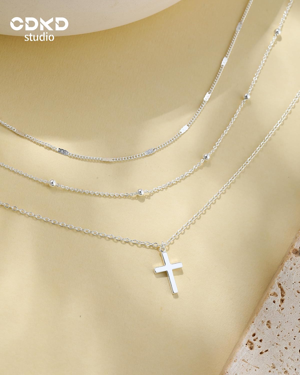 Cross Necklaces for Women 3Pcs Stackable Sterling Silver/14K Gold Plated Cross Pendant Necklaces Dainty Layered Silver Bead Cross Strip Chain Necklace - Image 6