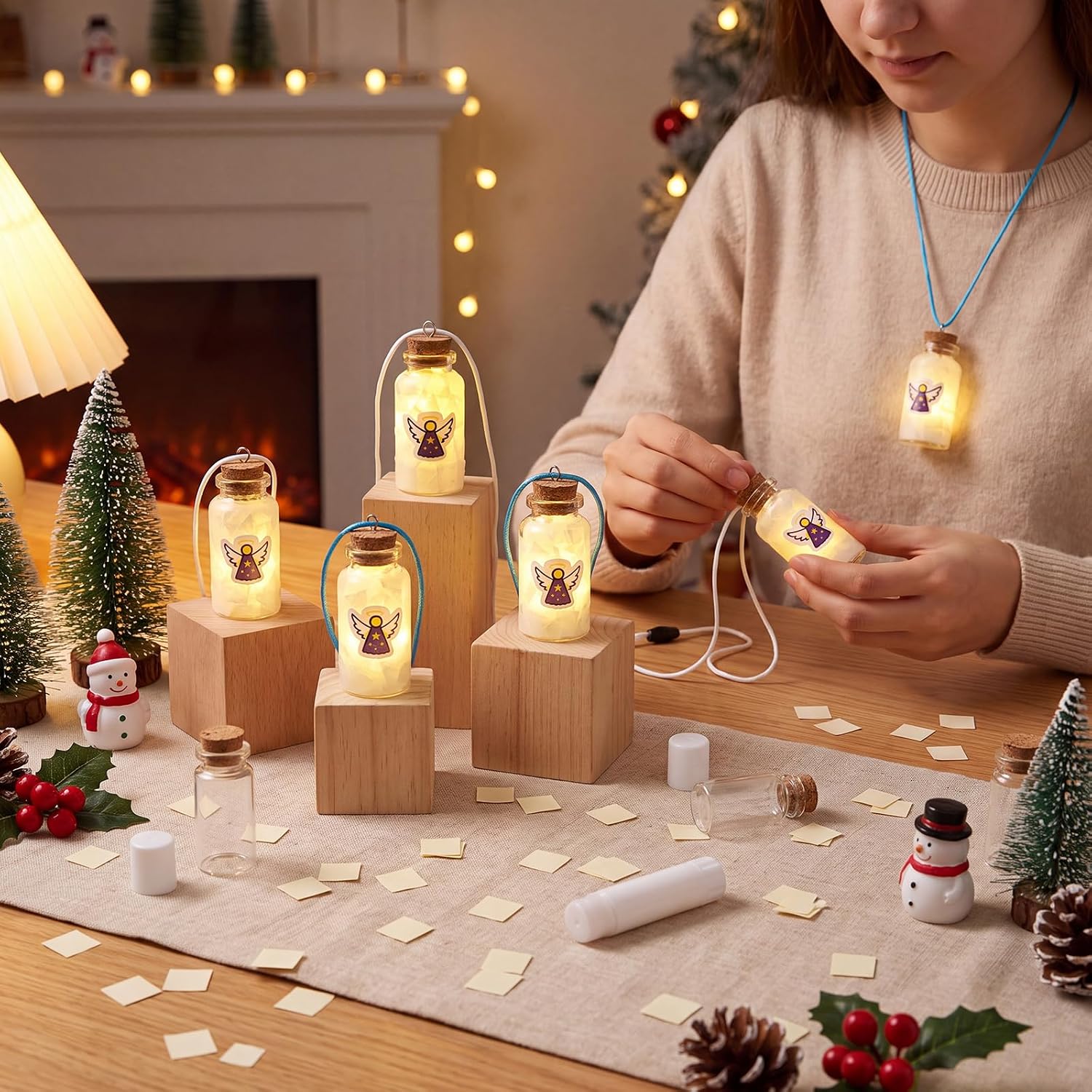 16 Sets Christmas Angel Paper Crafts Mini Glass Bottle Necklace Kit image 3