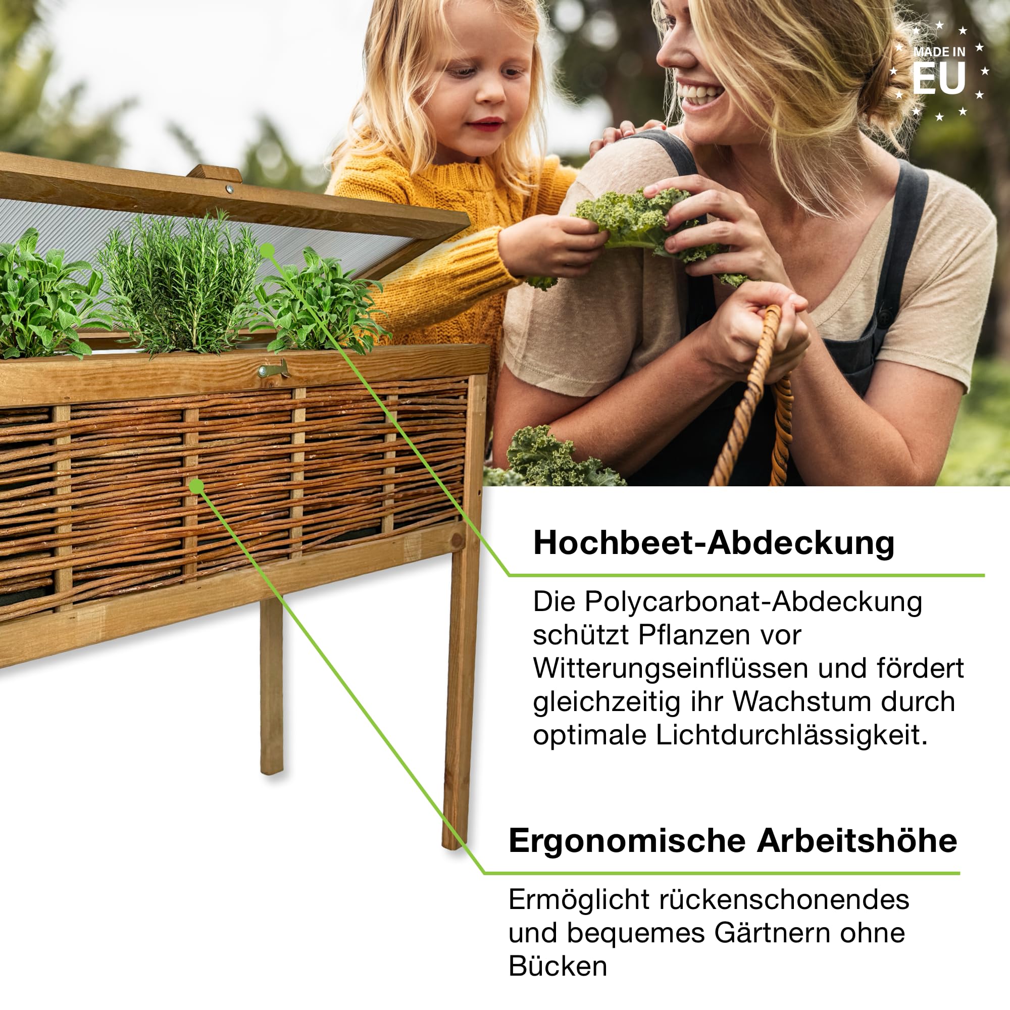 gartenetage Weidenhochbeet 100x40x80 cm – Hochbeet aus lasiertem Fichtenholz mit geflochtenen Weidenelementen, Polycarbonat-Abdeckung, Pflanzvlies – Ideal für Balkon, Terrasse & Garten