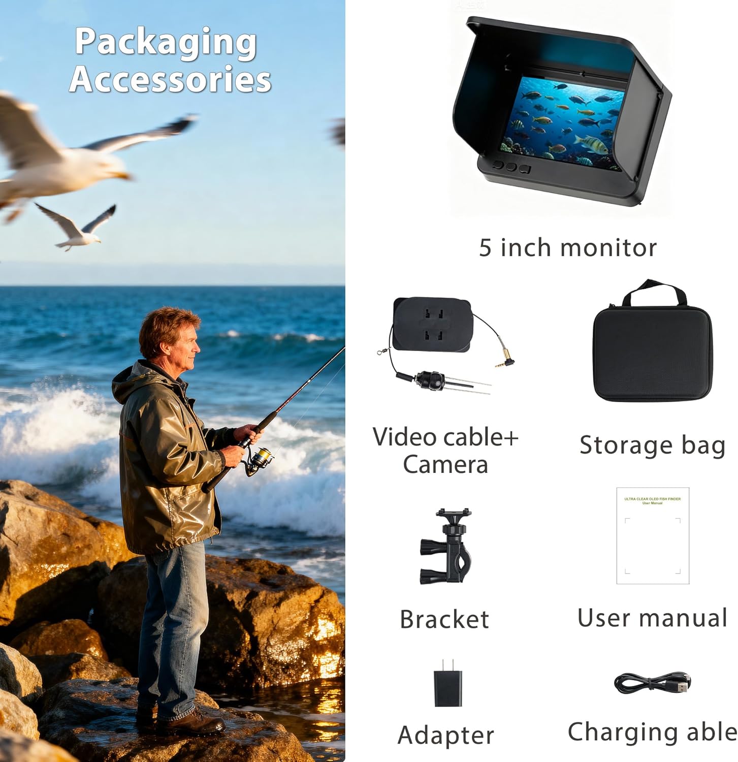Portable Fish Finder with Underwater Camera: IP68 Waterproof 5 Inch IPS Display for Ice/Lake Fishing & Murky Conditions | Depth Finder for Ice Fishing/Boats/Kayaks with 8000mAh Battery 10 81AMo7KD0YL. AC SL1500
