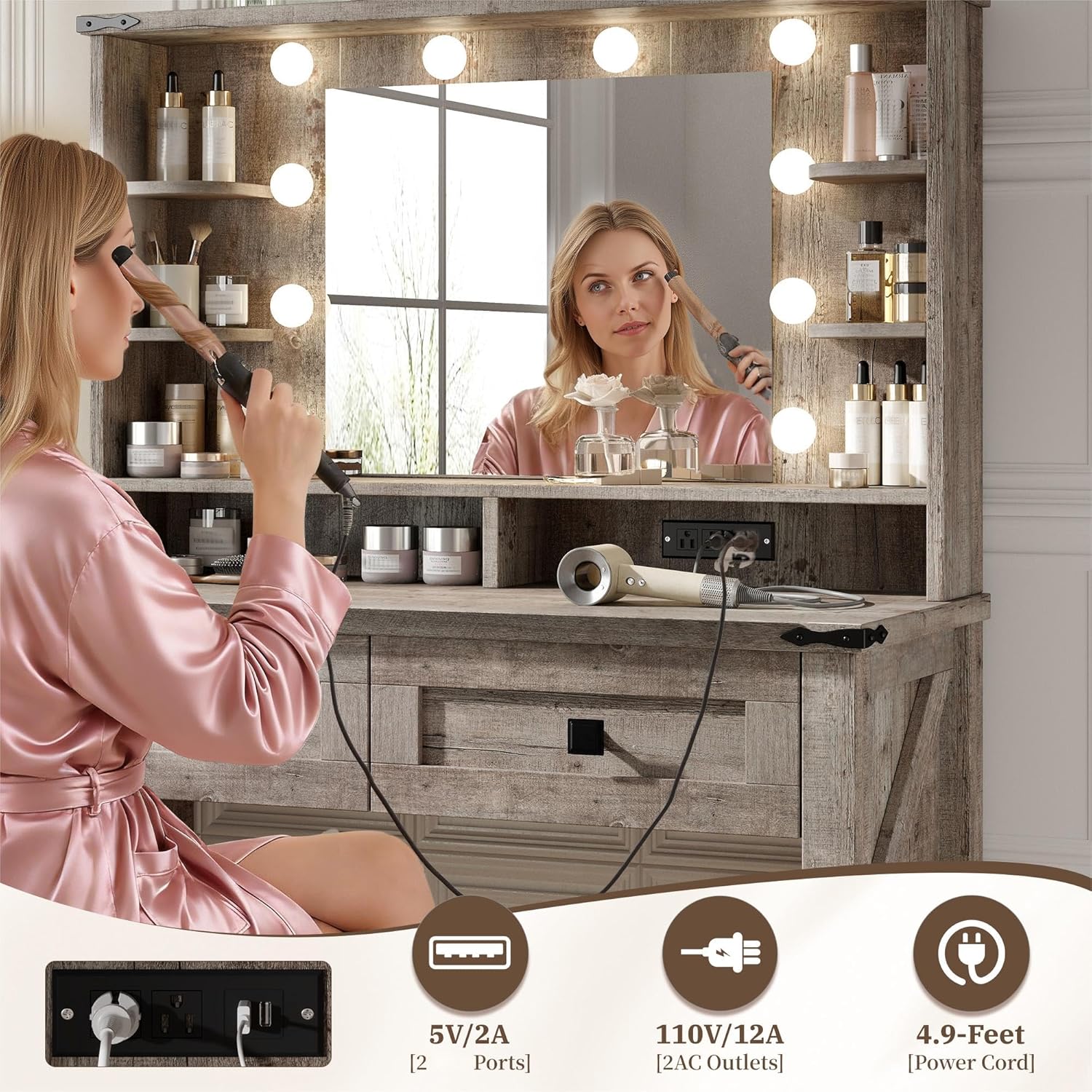 EnHomee Small Vanity Desk with Mirror and Lights, Makeup Vanity with Storage Drawer, Wooden Vanity Desk with Charging Staion for Women's Bedroom, Small Space, Gray Oak