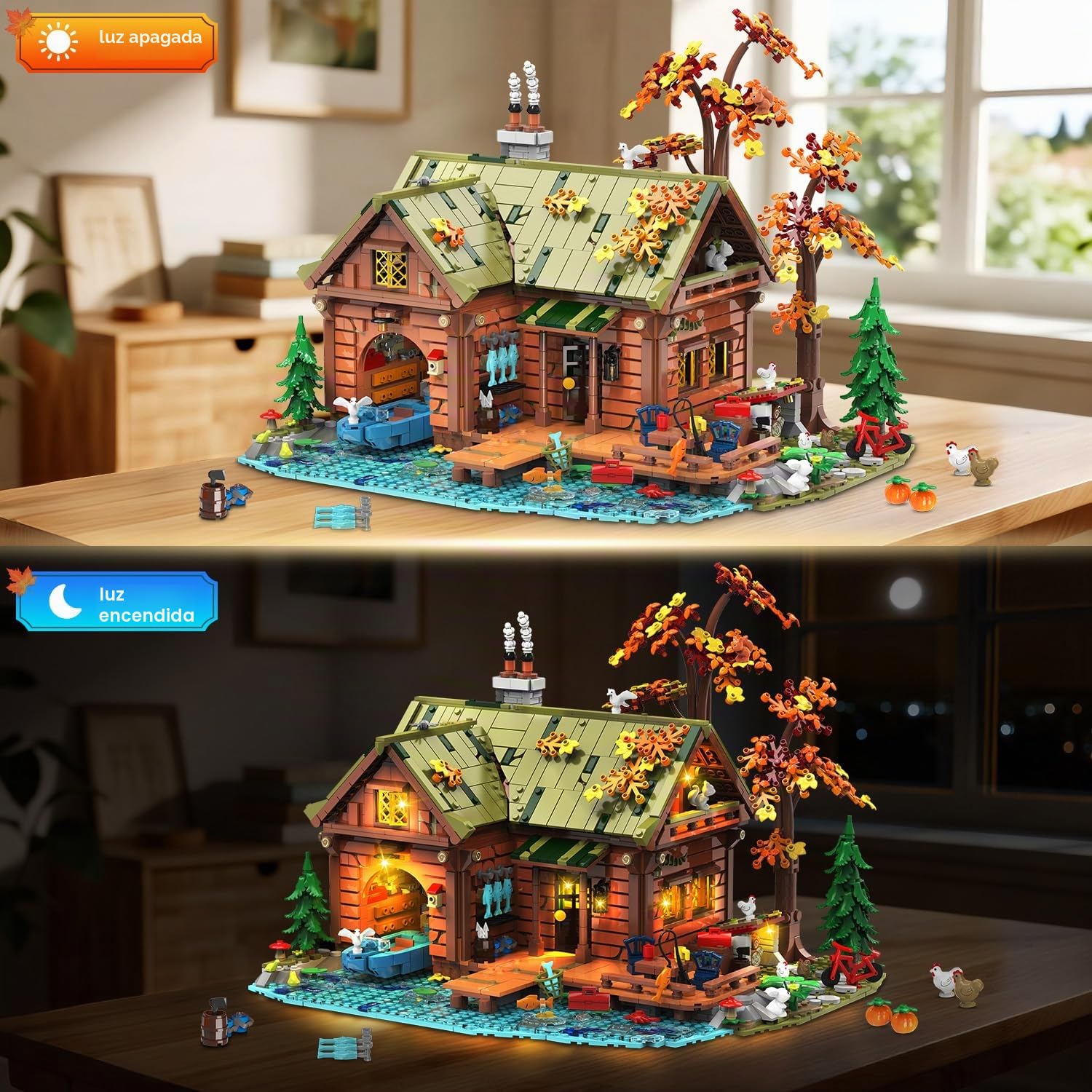 INSOON Juego de construcción de cabina de madera con luz LED, juguete de bloque de construcción de casa de bosque de madera con barco, bicicleta, estanque, animales, modelo de construcción de casa