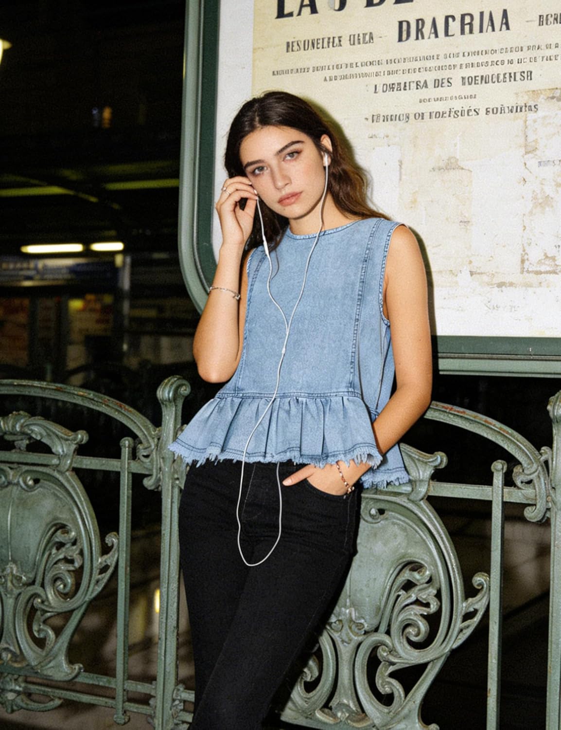 Huaqiao Womens Summer Sleeveless Denim Tops Button Back Crew Neck Jean Vest Cute Swing Ruffle Hem Y2K Tops