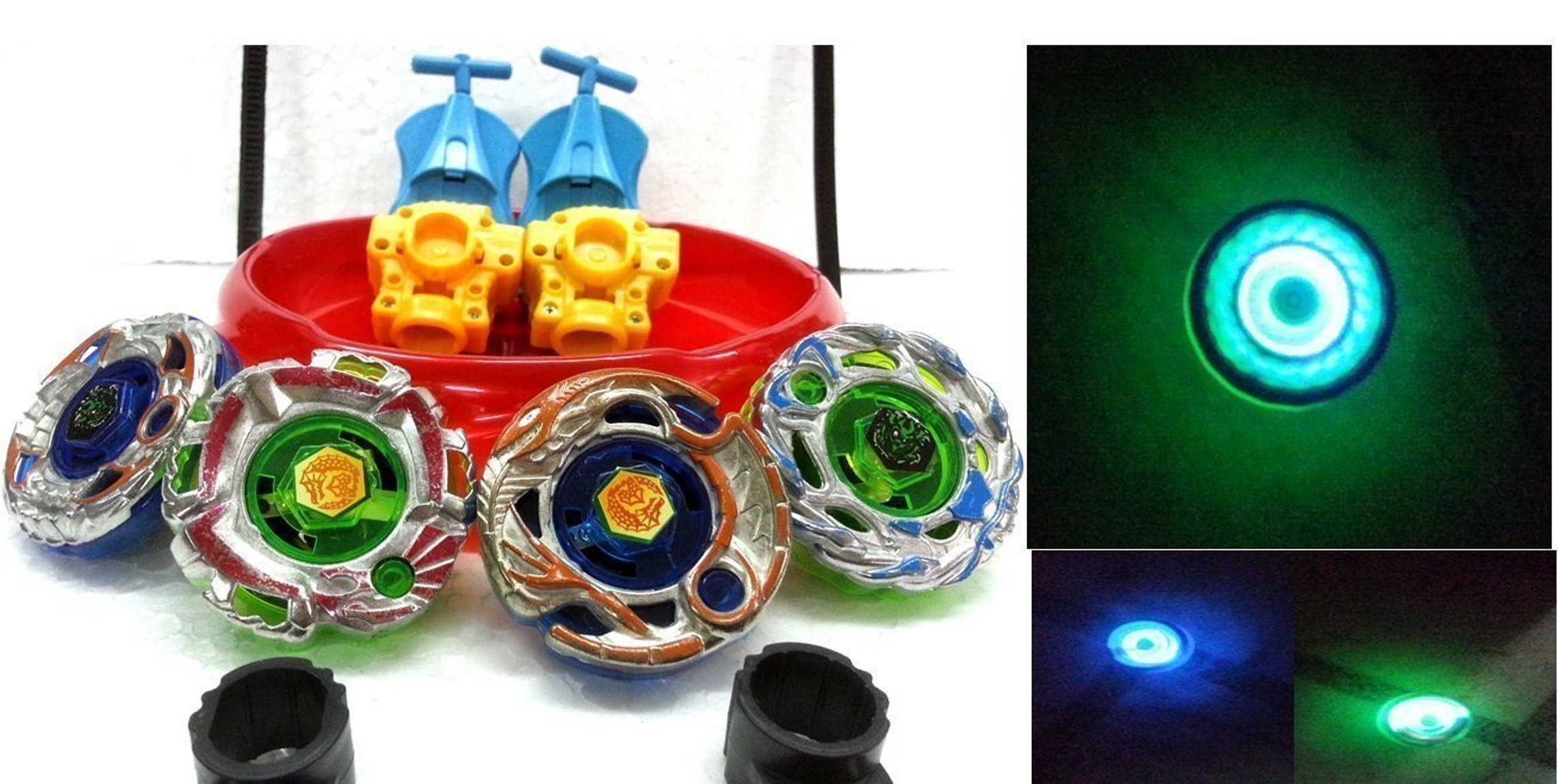 mahvi toys 4 metal bey blades with led lights (4 launchers & 1 big bey blade stadium with 2 spring action launcher) - assorted design- Multi color
