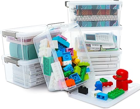 Small Storage Bins with Lids 3.2 QT Plastic Storage Containers for Organizing Stackable Clear Storage Boxes,Clear White6 Packs