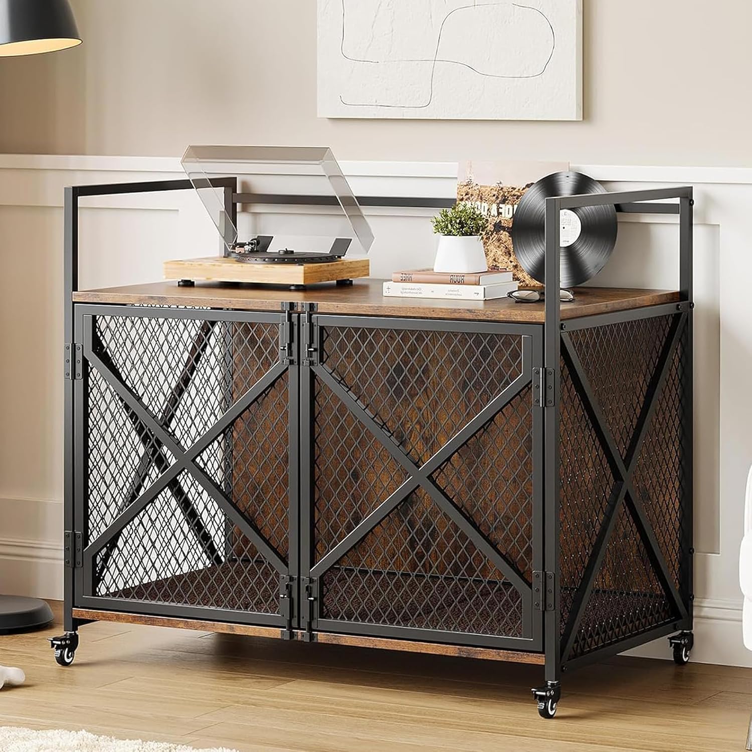 GarveeHome 41 in Large Dog Crate, Dog Kennel Indoor with Wheels and Built-in Soft Cushion, Dog Crate Furniture for Medium Large Dogs, Brown