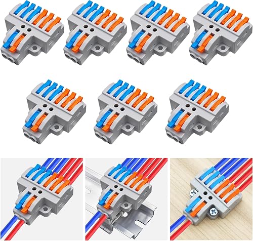 CESFONJER 2-in-6-out Lever Terminal Block Kit, Fast Splicing Wire Connectors, Dual Input to Six Output, DIN Rail/Screw Mountable, 28-12AWG, 7 Pack with Accessories