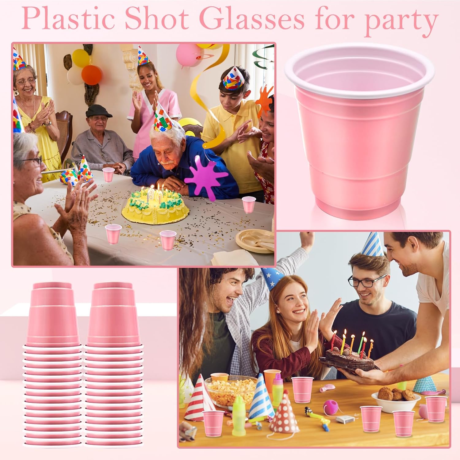 30 Pcs Disposable 2oz Shot Glasses Plastic Cups for Wedding, Graduation Party, Beer Sample Taste Serving, Birthday (Light Pink)