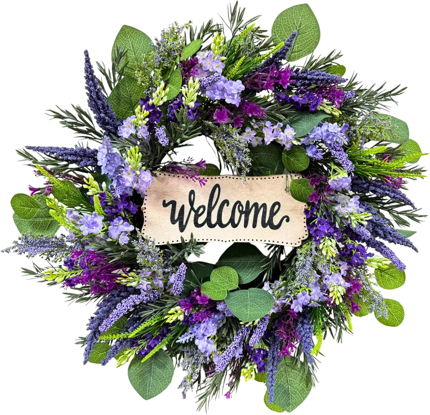 22 Inch Welcome Wreath for Front Door, Artificial Lavender and Eucalyptus Wreath for Spring Summer, Farmhouse Porch Decor Purple Floral Front Door Decoration for Wall Door Farmhouse